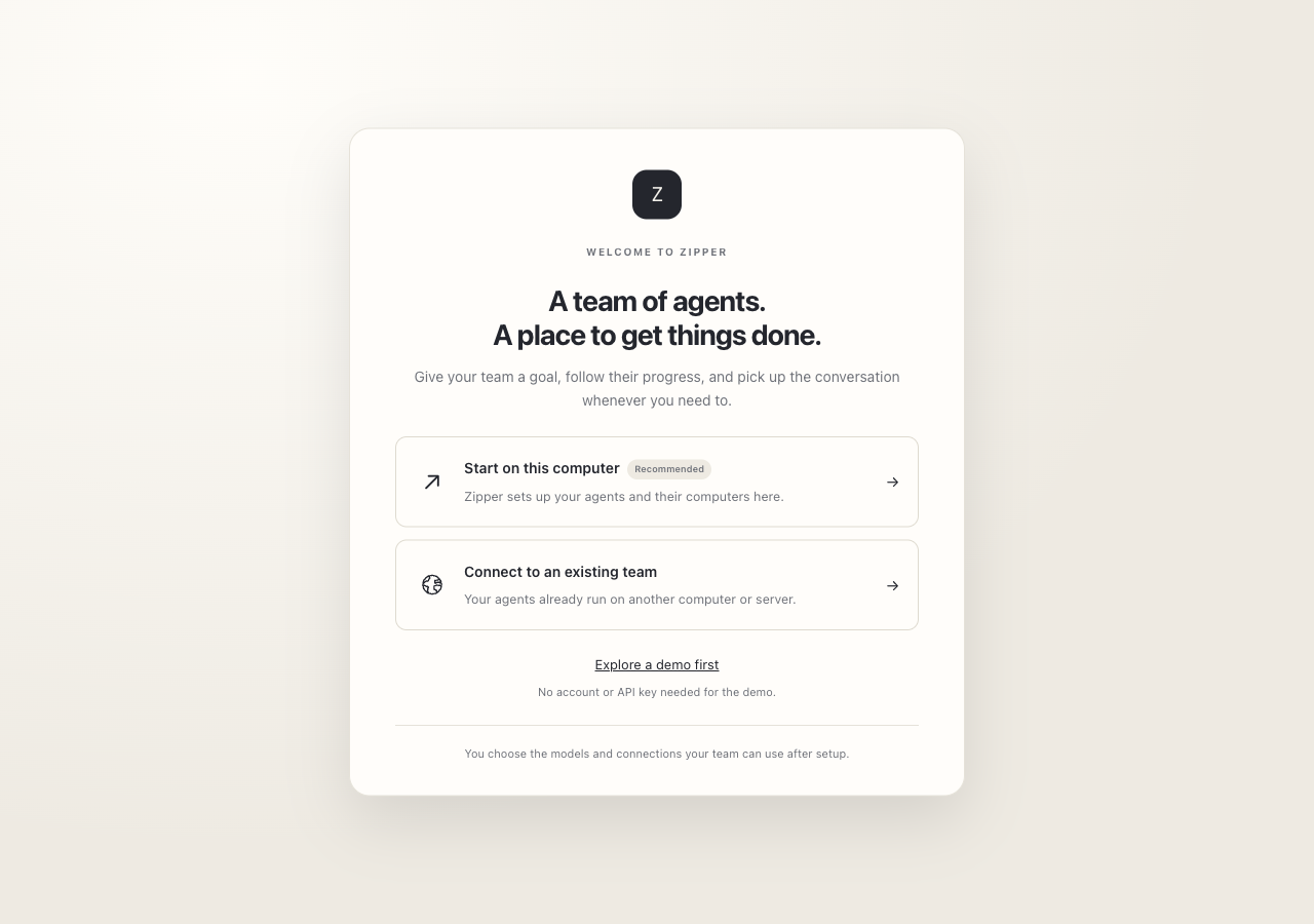 Zipper welcome screen with options to start setup or explore a demo